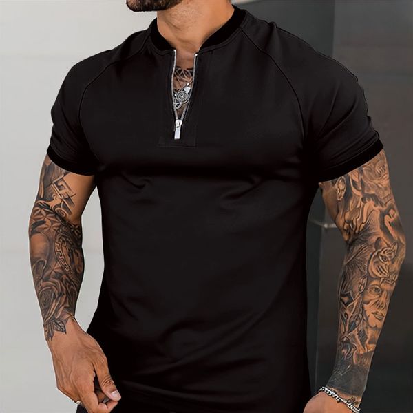 

men s t shirts fashion men t shirt short sleeve fitness round neck solid color zipper casual polo shirt mens sports big size slim fit 23040, White;black
