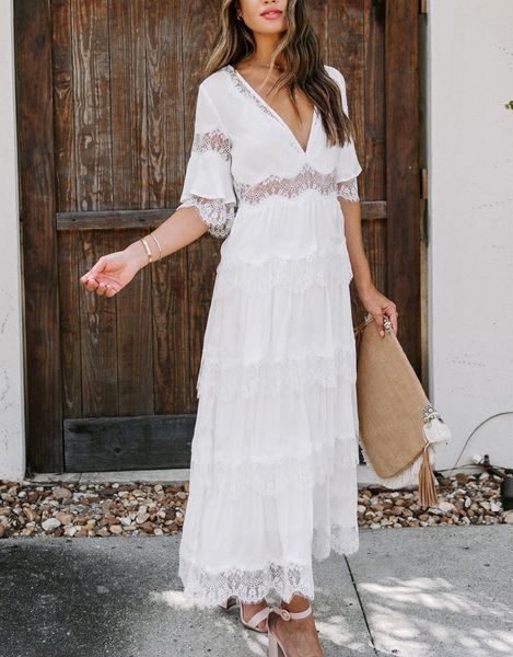 

casual dresses happy queens fashion women's half sleeve bohemian long dress women's deep v-neck lace white bohemian dress 230407, Black;gray