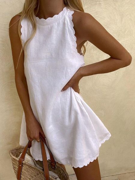 

casual dresses summer sleeveless casual a-line dress women's o-neck cotton sweet pine mini dress fashion white beach women's sun d, Black;gray