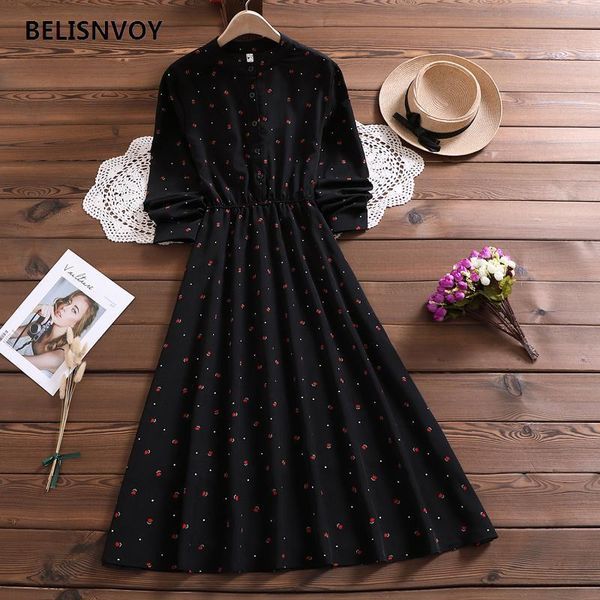 

casual dresses elegant black women's midi dress o-neck office women's chiffon flower print dress a-line vintage sweet party women, Black;gray