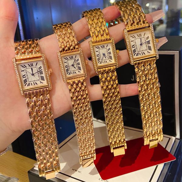 

luxury couple watch set vintage tank watches diamond gold platinum rectangle quartz watches stainless steel fashion gifts for lover, Slivery;brown