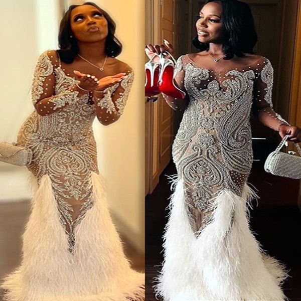 

2023 arabic aso ebi white mermaid prom dress lace beaded feather evening formal party second reception birthday engagement gowns dresses rob, Black