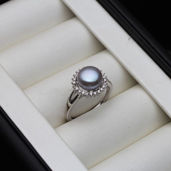 

solitaire ring real freshwater natural black pearl earring for women wedding 925 sterling silver rings fine jewelry girl birthday gift 23040, Golden;silver