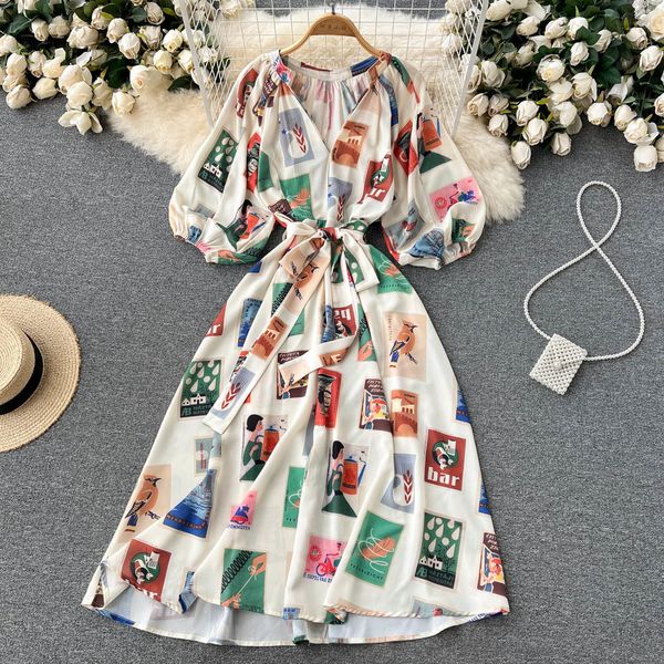 

casual dresses spring/summer women's v-neck bandage short sleeve printed casual dress korean tank de mujer g215 230407, Black;gray