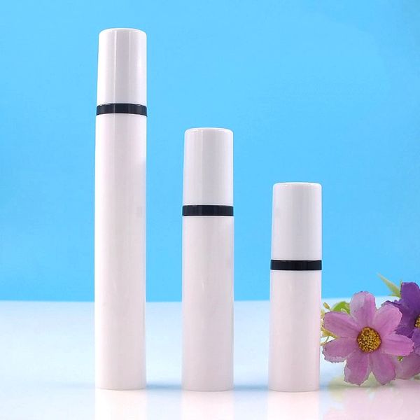 

200pcs/lot 5ml 10ml 15ml refillable bottle white airless lotion pump bottles with plastic black pump cosmetic packaging vacuum bottle