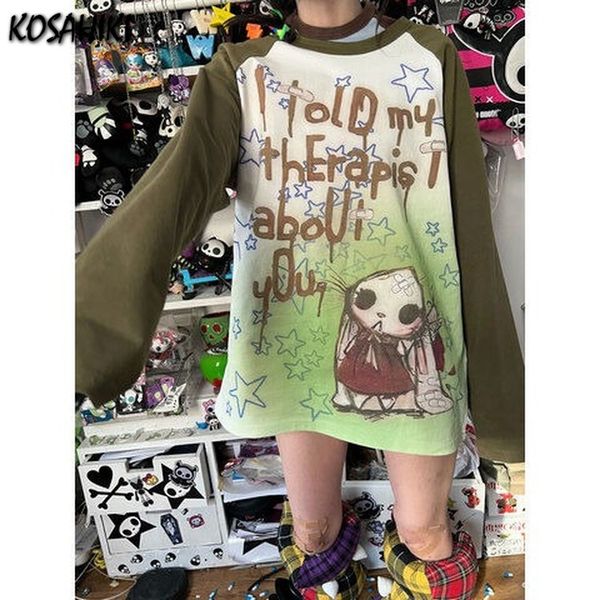 

womens tshirt kosahiki y2k aesthetic long sleeve tshirt women punk letter tie dye cartoon print loose graphic t shirt couple fairy grunge te, White