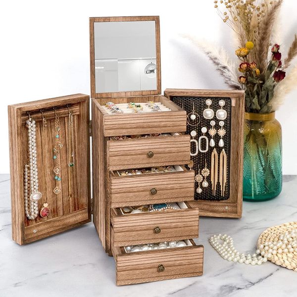 

jewelry settings 5layer large organizer box mirror 4 drawers for ring earrings necklaces vintage style torched wood wowen 230407, Slivery;crystal