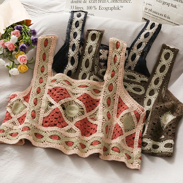 

camisoles tanks oumea women summer cotton patchwork geo crop sleeveless retro knitting vintage crochet cute bohemian style chic 230407, Black;white