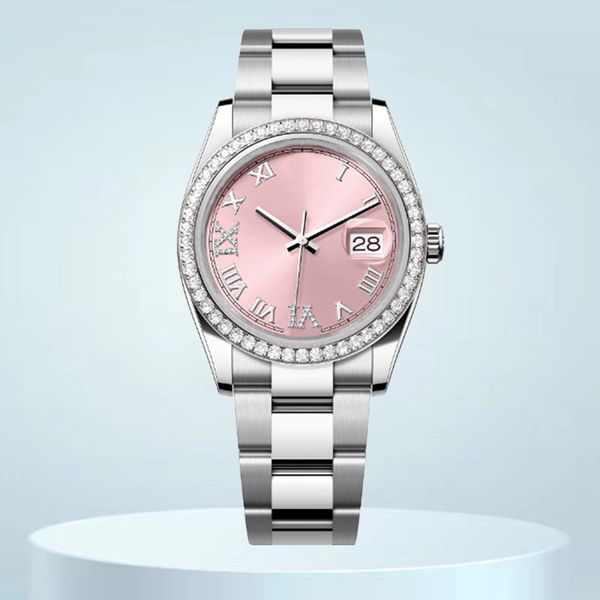 

diamond watch luxury mens watch relojes 8215 Movement datejust 36mm 41mm Diamond Bezel Pink Roman numeral dial Stainless Steel Female Lady fashion watches with box, Sz20
