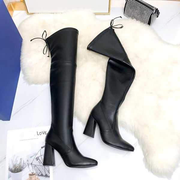 

2023 genna 60mm leather thigh boots over-knee-high boot shoes round toes slip on fashion booties women luxury designer shoes factory footwea, Black