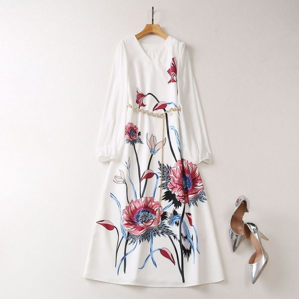 

casual dresses european and american women's clothes 2023 spring new long sleeve v-neck print fashion chain nailed beaded belt dress xx, Black;gray