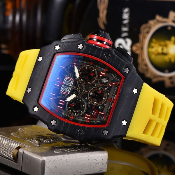 

new man luxury 6-pin diamond quartz watch hollow glass stainless steel case black rubber watch, Slivery;brown