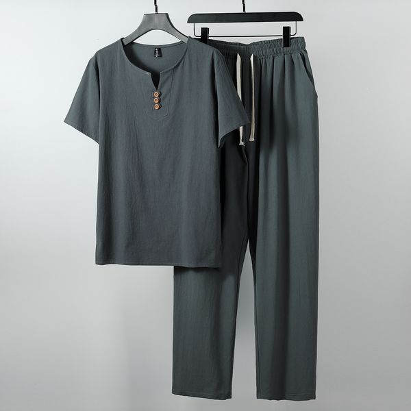 

men's tracksuits large men's retro tracksuit husband summer white home set linen t-shirt fashion men's set china 8xl 9xl 2304, Gray