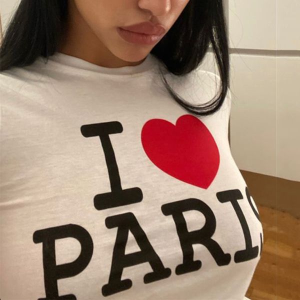 

womens tshirt i love paris print casual girl exposed navel all match baby tee summer grunge goth crop tshirt y2k streetwear 230408, White