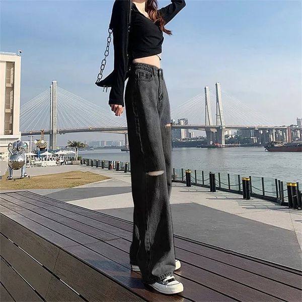 

women's jeans cgc retro high waist jeans women's wide leg denim pants women's casual hole straight denim trousers harajuku la, Blue