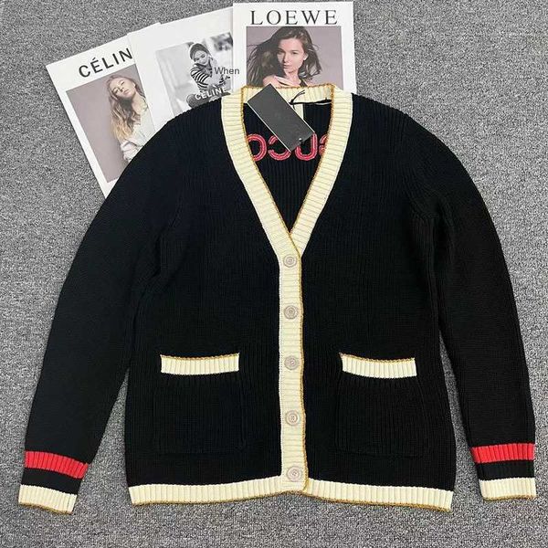 

Knits Women's Tees Early Autumn Classic Contrast Edge V-neck Single breasted Black Cardigan Knitted Mid length Sweater Coat Women YNTD