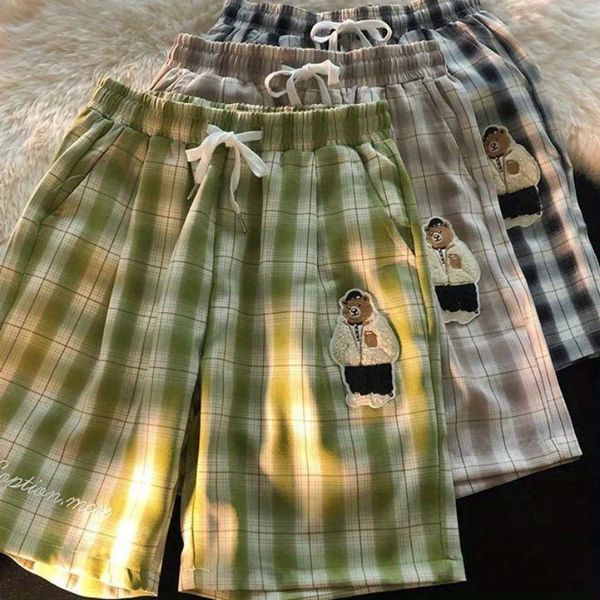 

womens shorts design bear pattern plaid trendy summer loose casual fashion streetwear women clothing y2k 230407, White;black