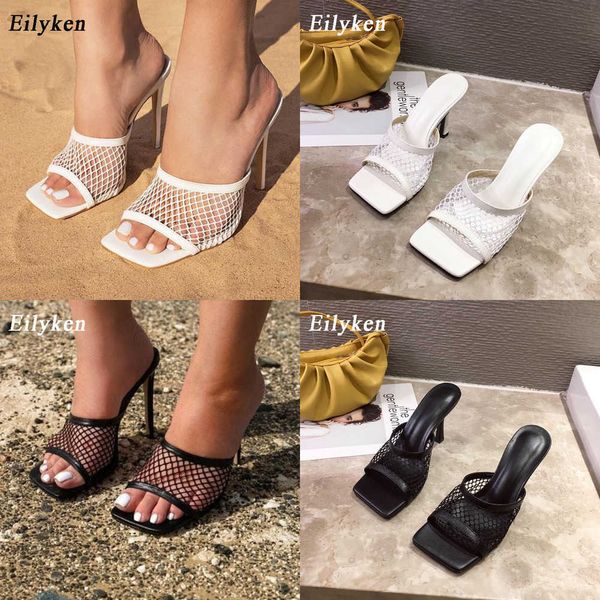 

sandals new square head peep toe high heel mesh slippers summer fashion slip on slides women mules party shoes 230316, Black