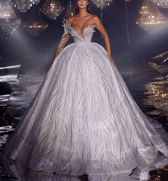 

luxury ball gown wedding dresses v neck one long sleeve sequins appliques beaded floor length ruffles sparkly 3d lace diamonds bridal gowns, White