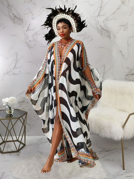 

women's swimwear elegant kaftan long print tunic loose maxi dress vintage bikini women summer clothing beach wear swim suit cover up a, White;black