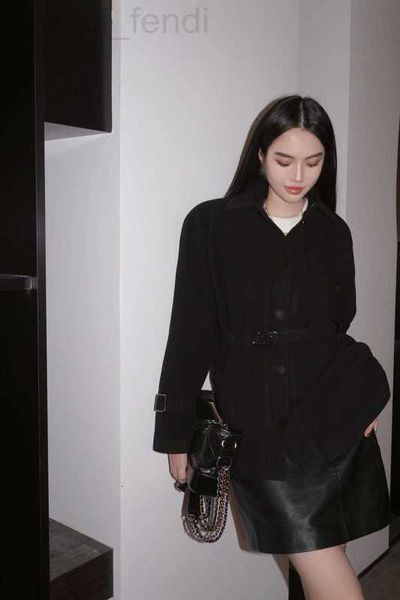 

women's fur & faux designer shenzhen nanyou high end autumn and winter new product letter belt decoration waistband slim wool shirt coa, Black