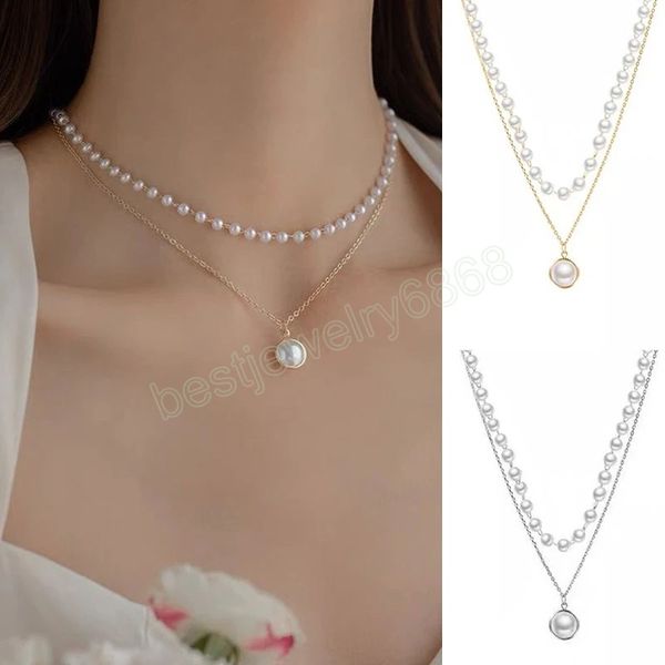 

women fashion natural pearls choker necklace cute double layer chain bead pendant necklaces female friends chains jewelry gift, Silver