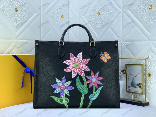 

m46416 yk onthego mm tote 2023 ss flower patterns yayoi kusama black monograms bag embossed leather shouler bag on the go luxury handbag