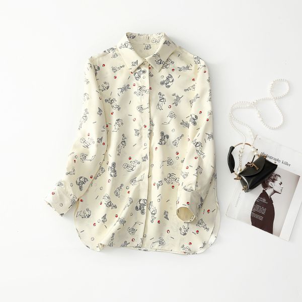 

blouses & shirts european and american women's clothes 2023 spring new long-sleeved lapels single breasted cartoon print fashionable si, White