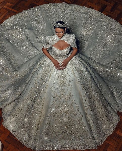

luxury ball gown wedding dresses sleeveless bateau halter sequins appliques ruffles bridal gowns diamonds formal dress plus size custom made, White