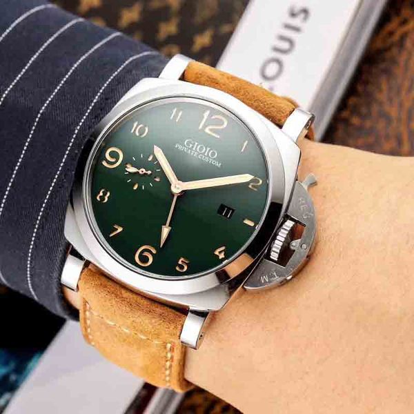 

men automatic mechanical brown leather gmt black watch1, Slivery;brown