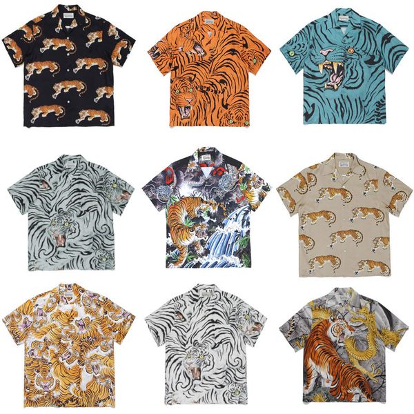 

men s casual shirts tiger series pattern wacko maria short summer men women hawaii beach 230407, White;black