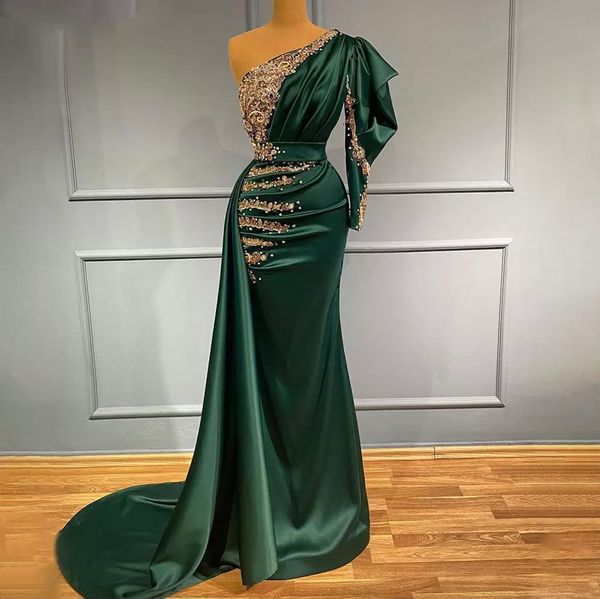 

dark green mermaid overskirts prom dresses long sleeve one shoulder beaded evening gowns party dress with train special occassion robe de so, Black