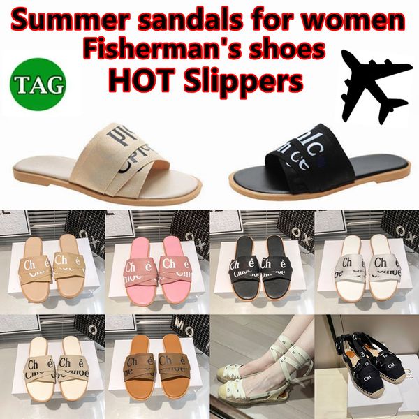 

designer woody sandals for women mules flat slides light tan beige white black pink fabric canvas slippers womens summer outdoor shoes