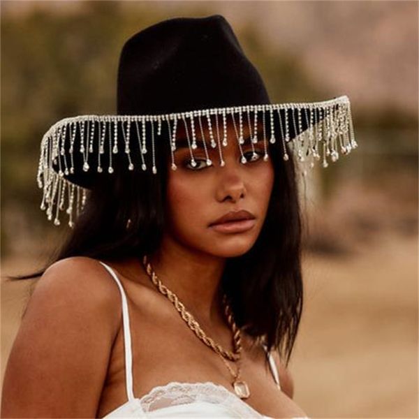 

wide brim hats bucket chronstyle rhinestones tassels cowboy hat party egirls casual outwear feather patchwork caps vintage elegant clubwear, Blue;gray