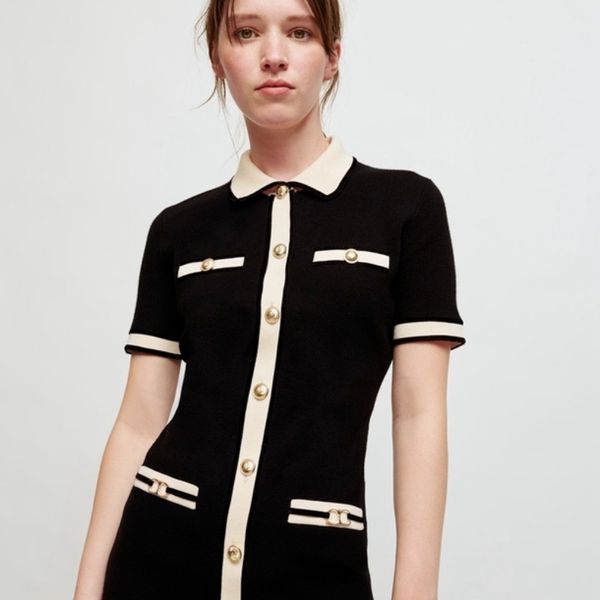 

casual dresses ioo spring/summer contrast polo collar ultra thin knitted mini dress french contrast brand  230408, Black;gray