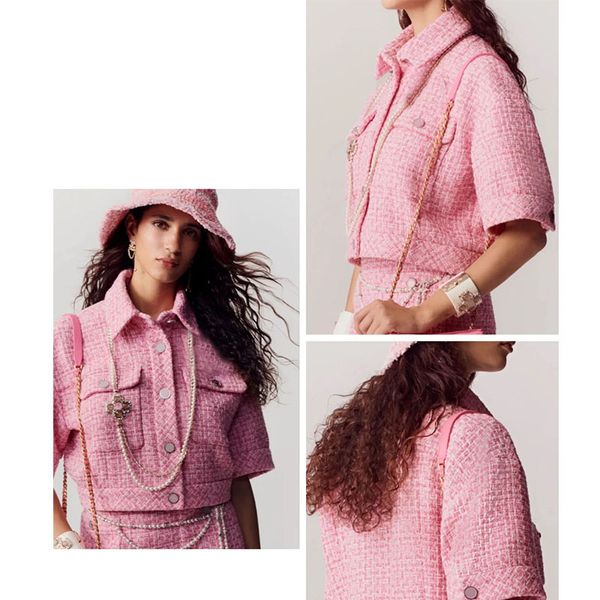 

summer women design t fashion shirt spring brand short jacket lapel pockets solid tweed blazer elegant lady single-breasted coat sleeve, White
