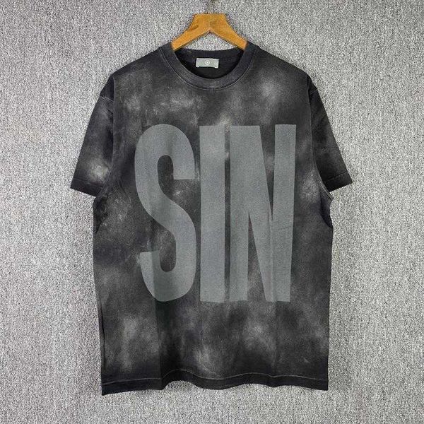 

tees ins summer saint michael chest letter sin back triangle eyes short sleeve t-shirt high street retro distressed, Black;brown