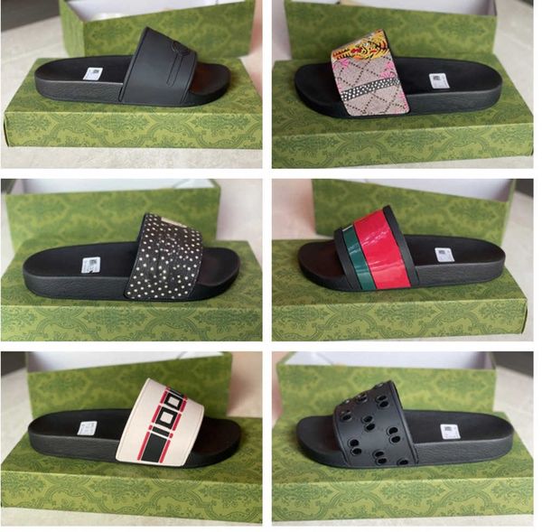 

slippers 2023 new designer rubber slides sandals floral brocade women men slipper flat bottoms flip flops womens fashion trend striped beach, Black