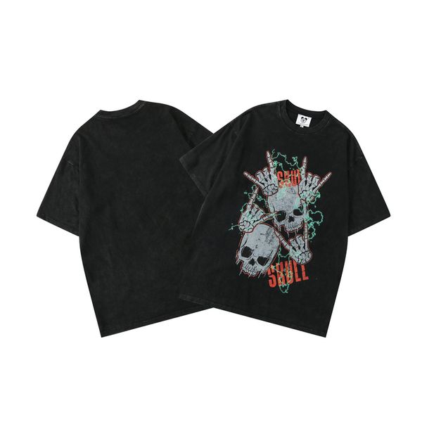

23ss summer plus size washed cotton tee skulls premium t shirt high street hip hop short sleeve men casual tshirts t61, Black;brown