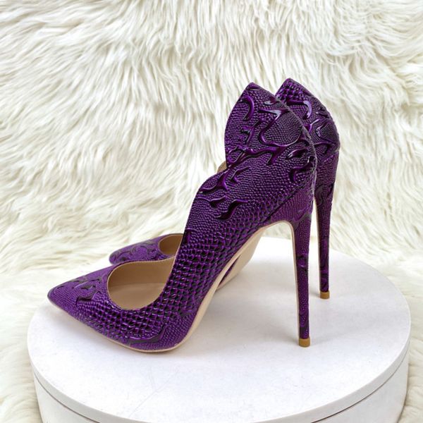 

purple 3d crocodile effect women shoes shiny red bottom curl edeged pointy toe high heel dress shoes luxury brand red sole slip on stiletto, Black