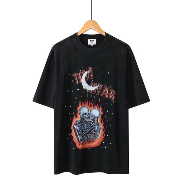 

23ss summer plus size washed cotton tee moon skulls premium t shirt high street hip hop short sleeve men casual tshirts t62, Black;brown