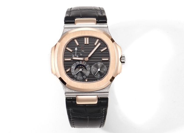 

new luxury men's watch nautilus 5712 moon phase work two tone automatic 316 stainless steel case diameter 40mm leather strap, Slivery;brown