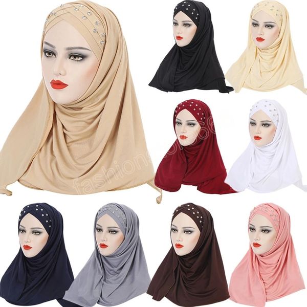 

scarf muslim women cross diamonds hijabs one piece cap turban headwrap scarf femme islam solid color, Blue;gray