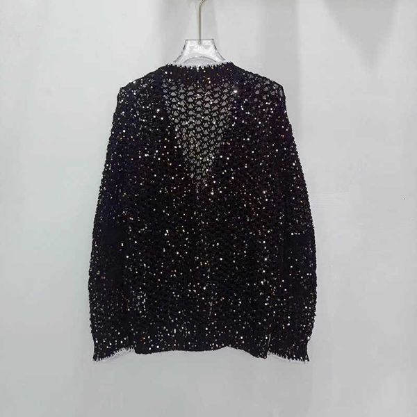 

Women' Knits Tees Heavy Industry Full Sky Star Bead Piece Mid length Coat for Small Fragrance V-Neck Black Knitted Hollow Cardigan D4EA
