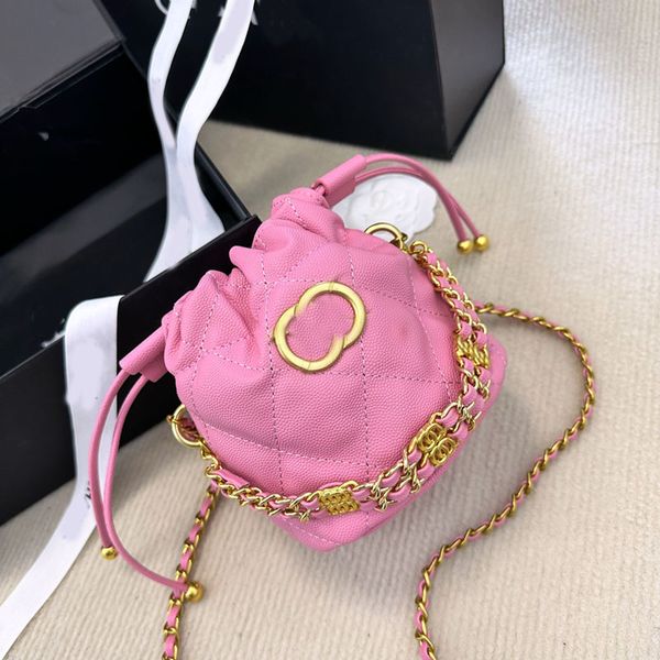 

23p women designer mini drawstring bucket bag caviar leather gold metal hardware matelasse chain lady crossbody shoulder handbag tote quilte
