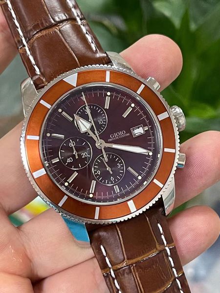 

black blue brown leather superocean mens watch ceramic quartz chronograph, Slivery;brown
