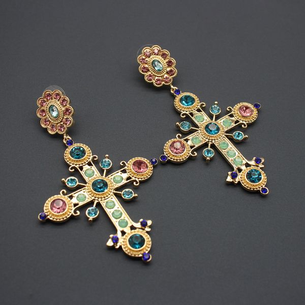 

european and american niche retro design dangle protein diamond exaggerated cross personality gothic byzantine art medieval earrings, Silver