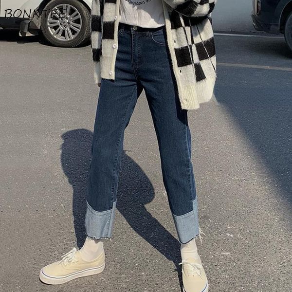 

women's jeans women's spring and autumn high waist panel vintage ankle length straight ulzzang casual and unique full matching bas, Blue