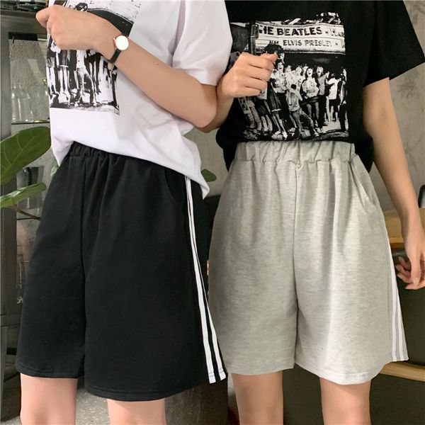 

womens shorts five point sports summer loose waist bicycle casual black grey striped 230408, White;black