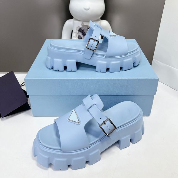 

womens designer sandals platform slippers raising shoes serrated roman braided rubber non-slip soles hardware triangle logo brand outdoor be, Black